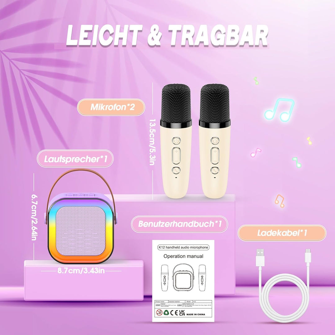 Kinder Geschenke Spielzeug für 3-12 Jahre, Tragbarer Karaoke Maschine mit 2 Bluetooth Karaoke Mikrof