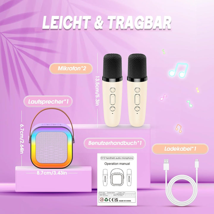 Kinder Geschenke Spielzeug für 3-12 Jahre, Tragbarer Karaoke Maschine mit 2 Bluetooth Karaoke Mikrof