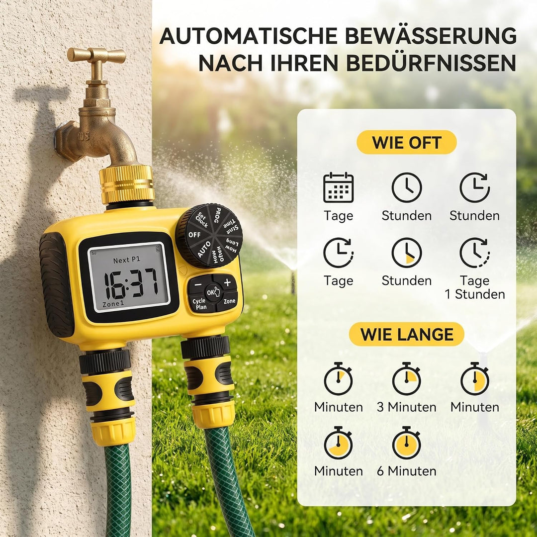 MQUPIN Bewässerungscomputer 2 Ausgänge, Messinganschlüsse | LCD Wasser Zeitschaltuhr IP55 mit Regenv