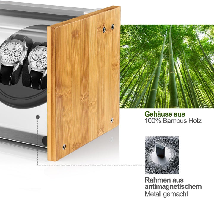 Watch Winder Smith Uhrenbeweger aus Bambusholz und Metall für 4 Uhren,