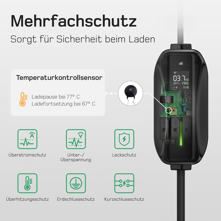 dé Typ 2 Ladekabel Schuko 3,68kW[1-phasig, 6m, 6-16A], EV Chargers mit Steuerbarer Digitalanzeige fü