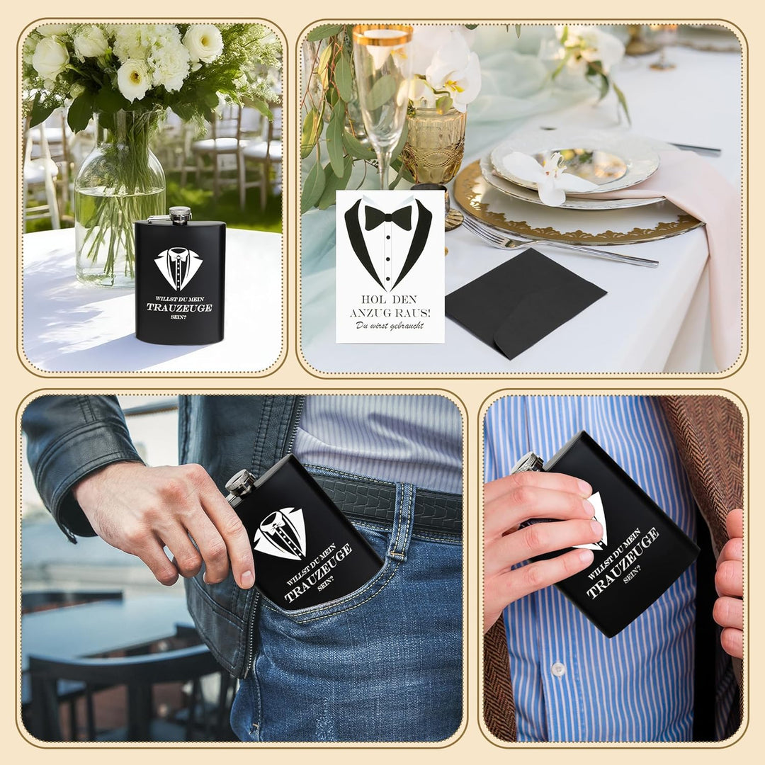 Flachmann mit Gravur 8oz Edelstahl Geschenkset für Trauzeuge und Trauzeugin, Schwarze Geschenkbox mi
