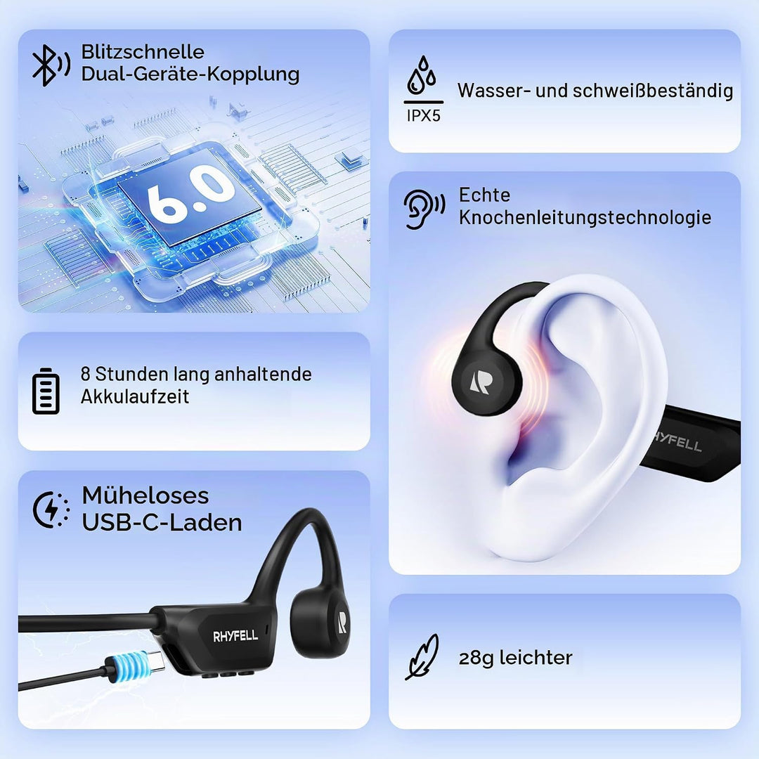 Knochenschall Kopfhörer, Open Ear Bluetooth 6.0 Sportkopfhörer, 8 Std Spielzeit, 28g Ultraleicht, US