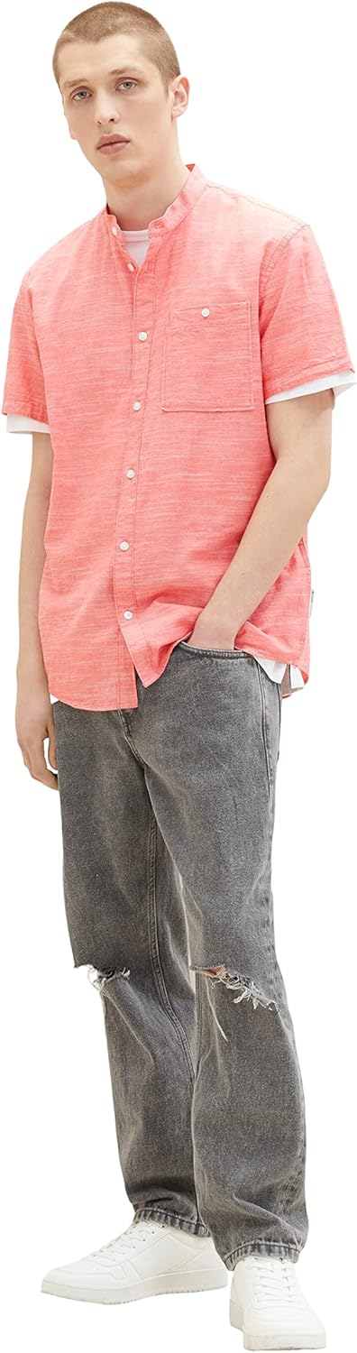 TOM TAILOR Denim Herren Kurzarm-Hemd mit Brusttasche L 26510 - Plain Red Chambray, L 26510 - Plain R