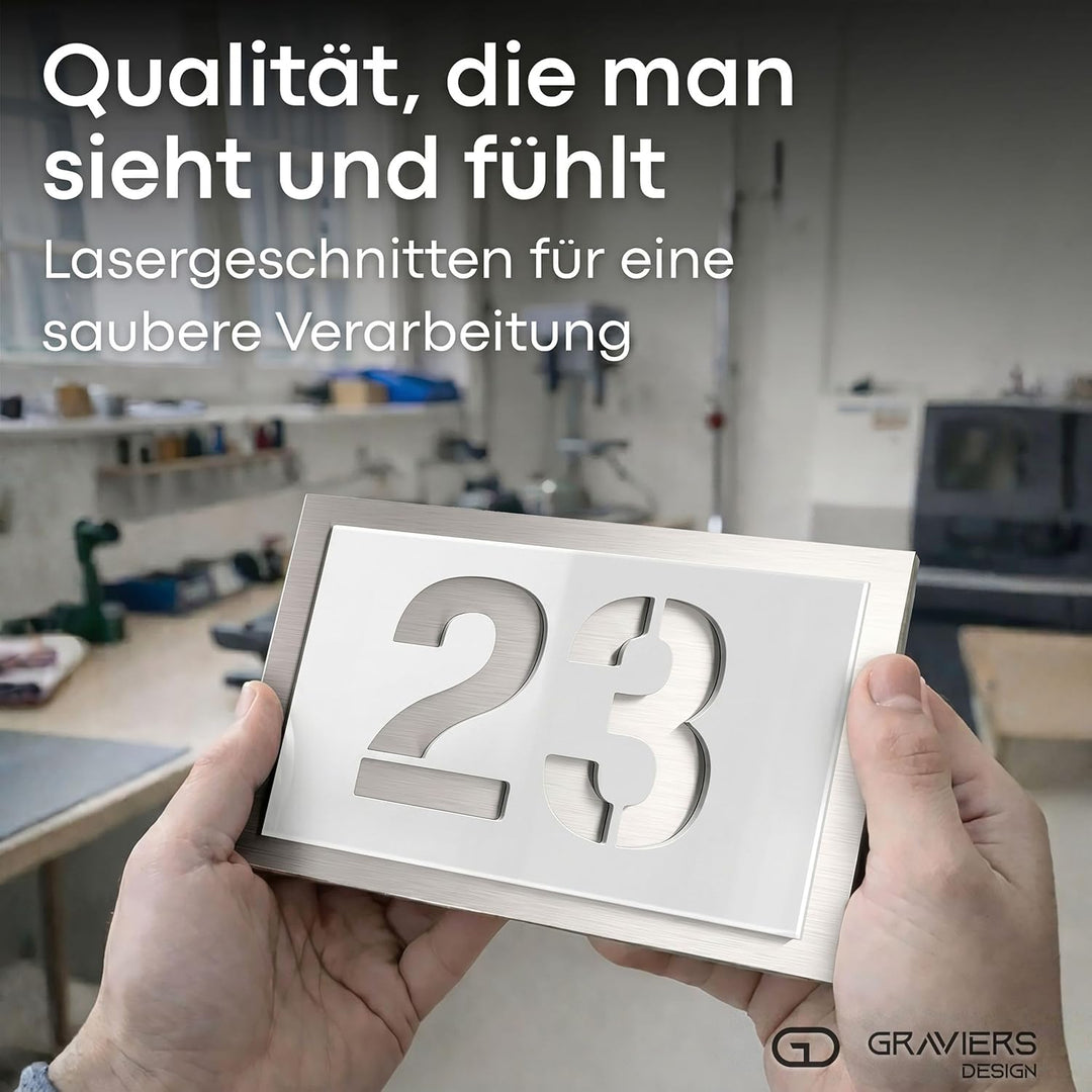 Graviers Design Hausnummer aus V2A Edelstahl 250x175mm - Weiss - Wetterfest Rostfrei Individuell anp