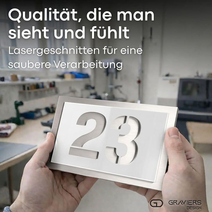 Graviers Design Hausnummer aus V2A Edelstahl 250x175mm - Weiss - Wetterfest Rostfrei Individuell anp