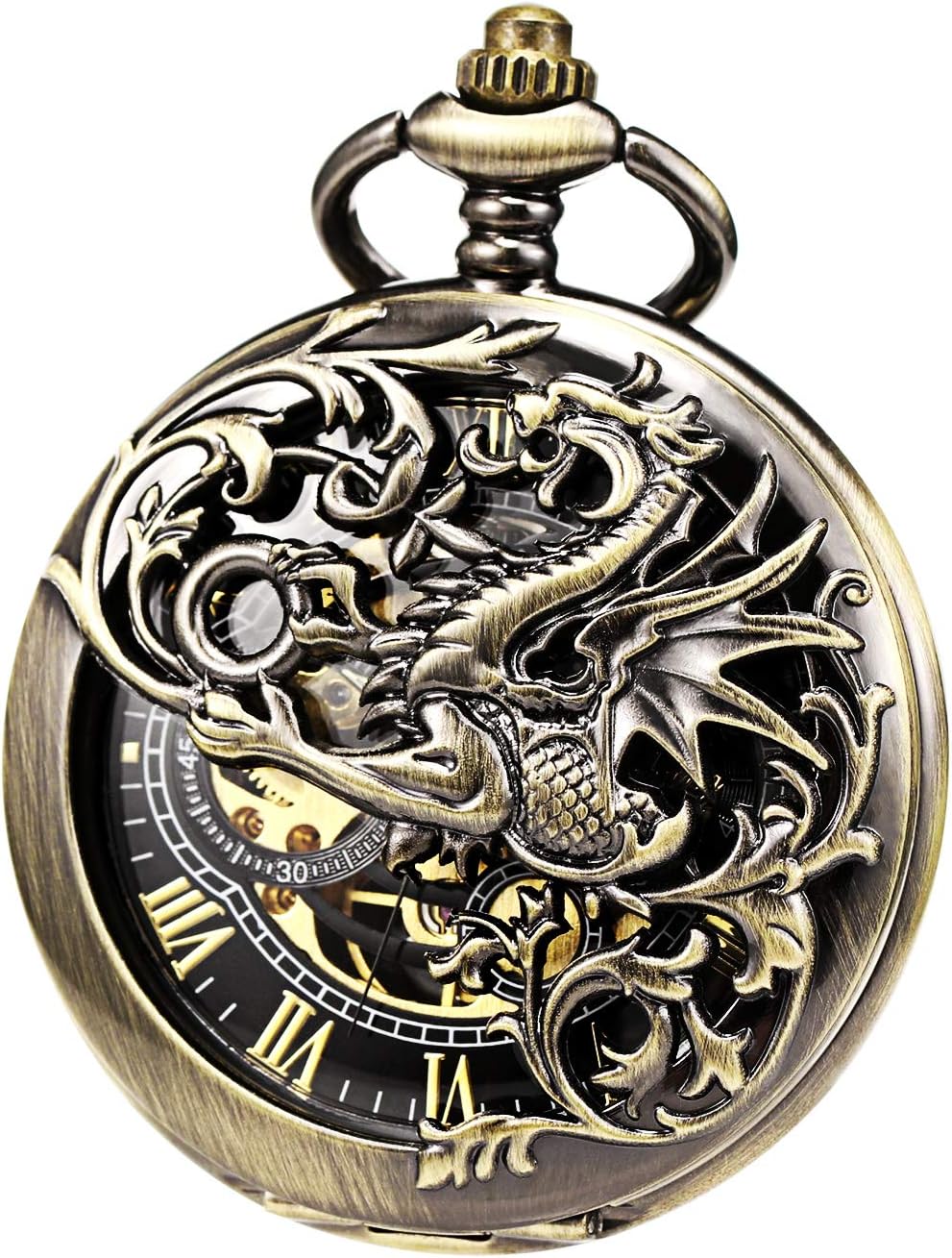 TREEWETO Unisex Taschenuhr mit Kette Analog Handaufzug Doppelscharnier Antik Drache Skelett Bronze 2