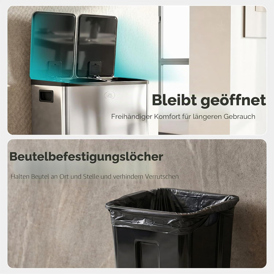 HOMCOM Mülleimer 2 x 20L Abfalleimer aus Edelstahl Mülltrennsystem mit Softclose Deckel, Herausnehmb