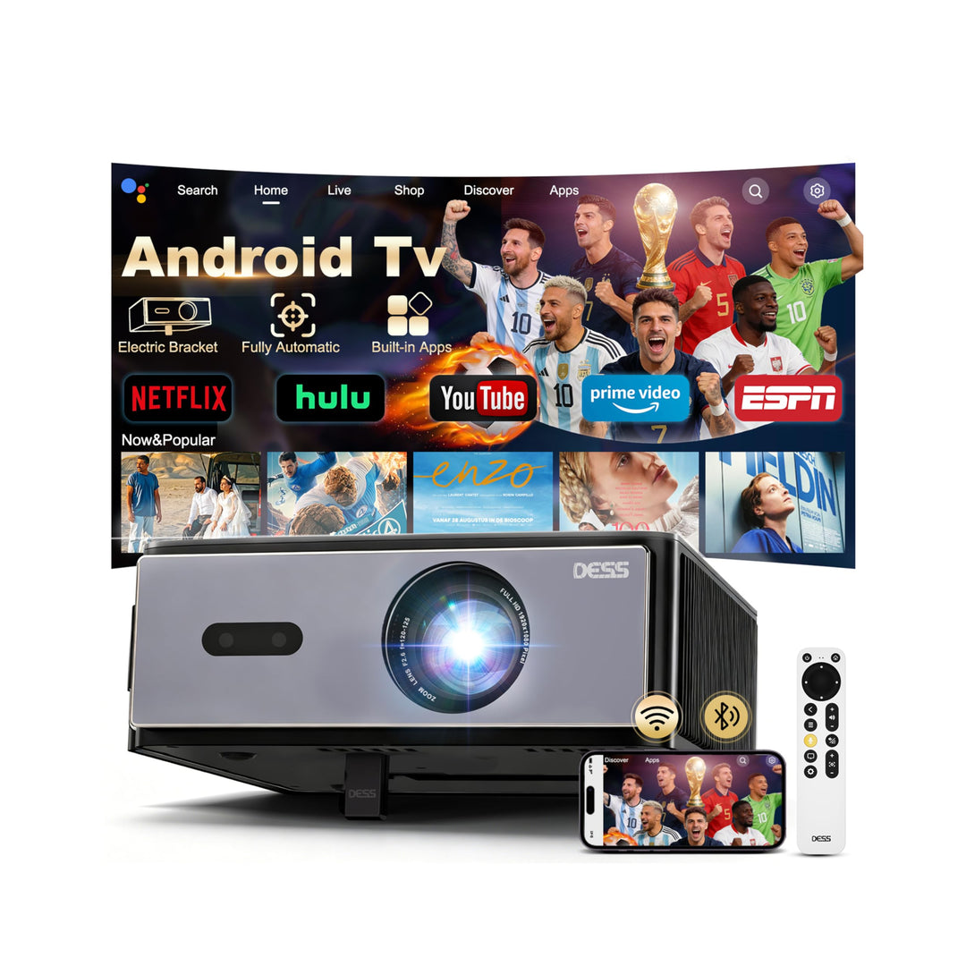 Projektor, Dess 4K-Projektor mit WLAN und Bluetooth, 1080 P nativ, Laser mit Autofokus-Keystone, für