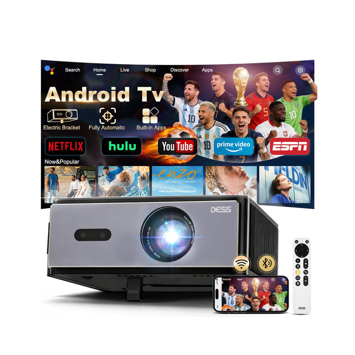 Projektor, Dess 4K-Projektor mit WLAN und Bluetooth, 1080 P nativ, Laser mit Autofokus-Keystone, für