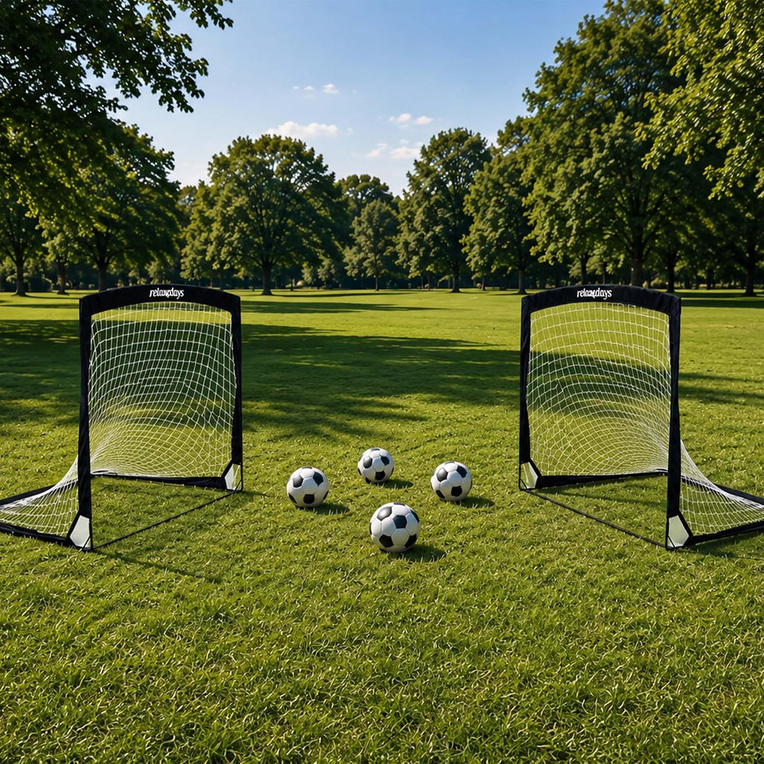 Relaxdays Fussballtor, 2er Set, HxBxT: 90 x 120 x 90 cm, faltbar, mit Erdhaken &amp; Tragetasche, Kinder