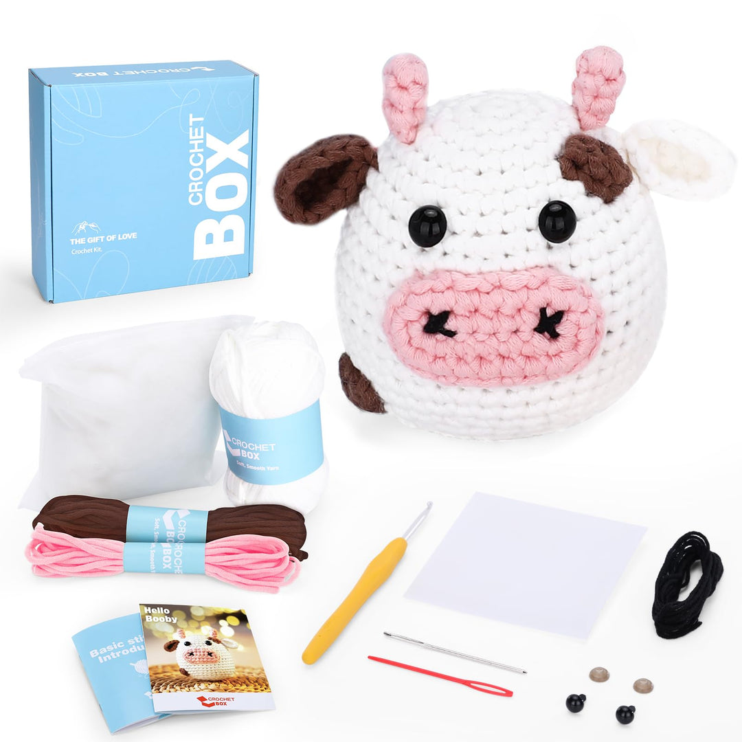 CrochetBox Komplettes Häkelset für Anfänger, Weisser Bulle Häkelset, Video-Tutorial einbeziehen, Anl