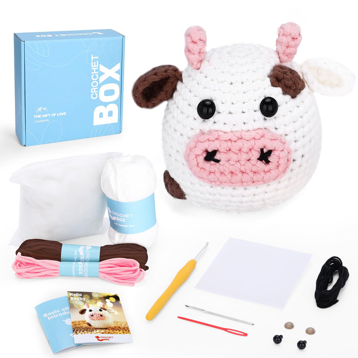 CrochetBox Komplettes Häkelset für Anfänger, Weisser Bulle Häkelset, Video-Tutorial einbeziehen, Anl