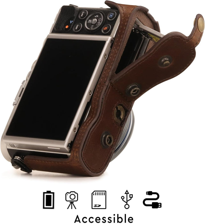 MegaGear MG1452 Olympus PEN E-PL9 (14-42mm) Ever Ready Leder Kamera-Case mit Trageriemen – Dunkelbra
