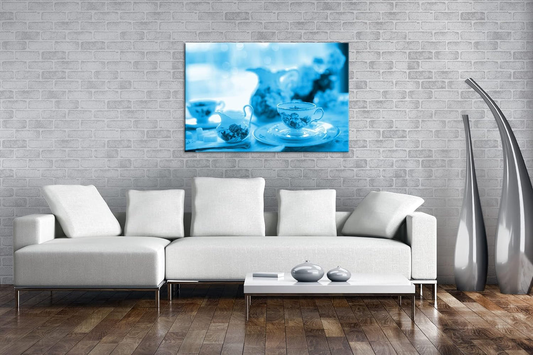 deyoli edles Teegeschirr Format: 80x60 Effekt: Monocrome Blau als Leinwand, Motiv fertig gerahmt auf