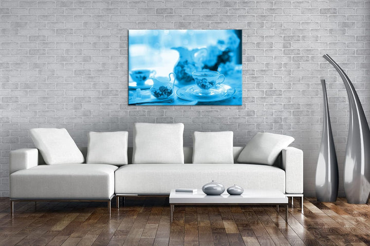 deyoli edles Teegeschirr Format: 80x60 Effekt: Monocrome Blau als Leinwand, Motiv fertig gerahmt auf