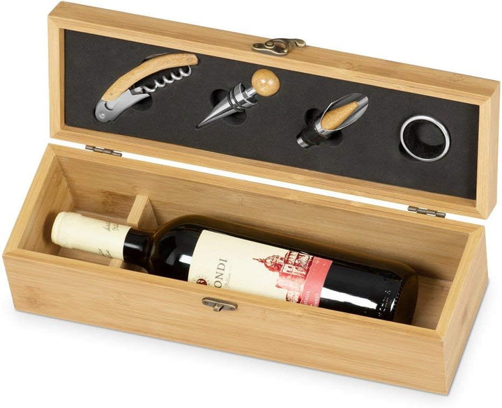 Maverton Weinbox für 0,7L Weinflasche - Wein Holzbox personalisiert + 4er Weinzubehör - Weinset Wein
