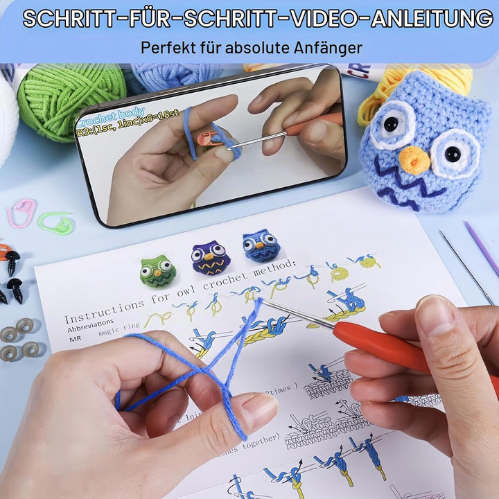 ZCOINS Mini Amigurumi Häkelset, 6 niedliche Tiere für Anfänger mit Videoanleitung(Englisch), Komplet