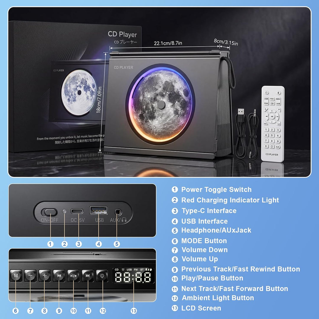 Gueray Tragbarer CD-Spieler mit Licht, Bluetooth 5.3 CD-Player mit Fernbedienung HiFi-Lautsprecher 4