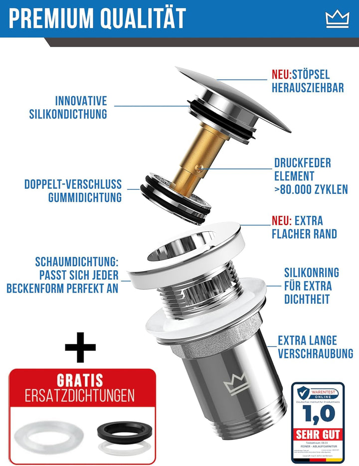 FEINER® Universal Waschbecken Ablaufgarnitur für Waschbecken & Waschtisch Aller Art MIT Überlauf, St
