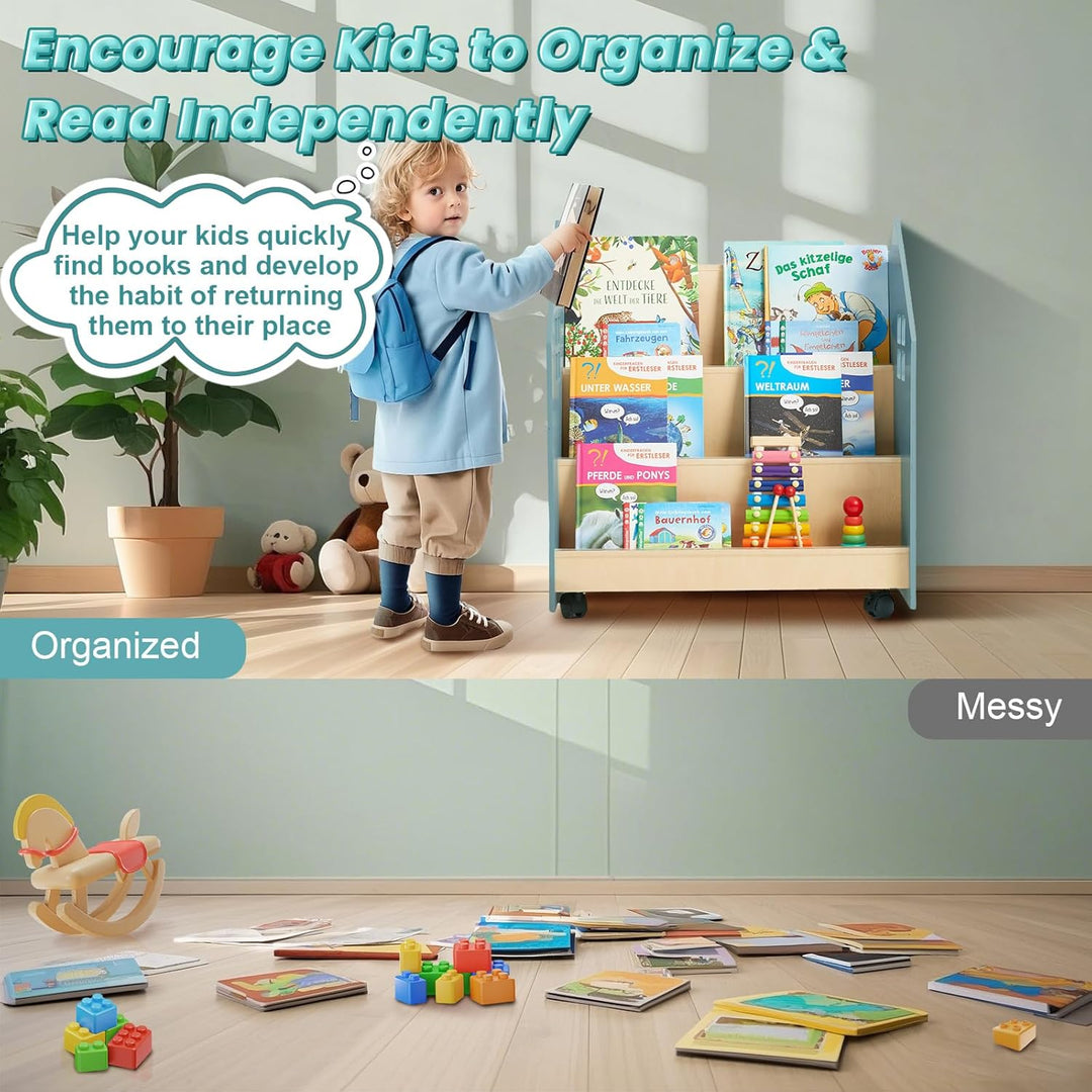 Bücherregal Kinder mit Tafel & Rollen, Montessori Kinderregal Kinderbücherregal mit 3 Fächern, Spiel