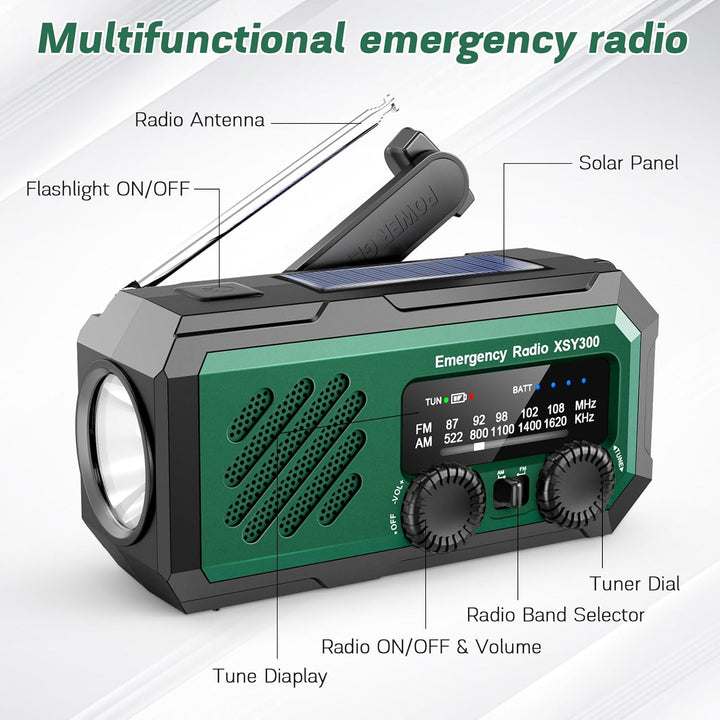 YIKANWEN Tragbares Notfall-Kurbelradio, 2000mAh Wiederaufladbare Batterie, AM/FM Radio mit LED-Tasch