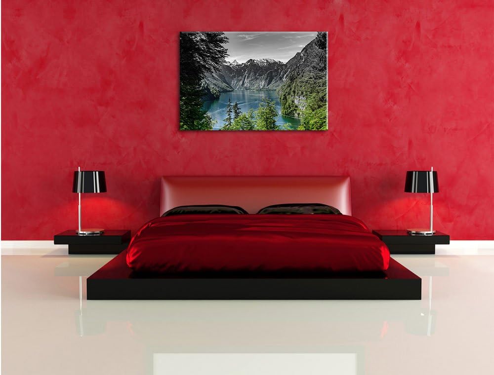 Pixxprint Blick auf den Königssee / 100x70cm Leinwandbild bespannt auf Holzrahmen/Wandbild Kunstdruc