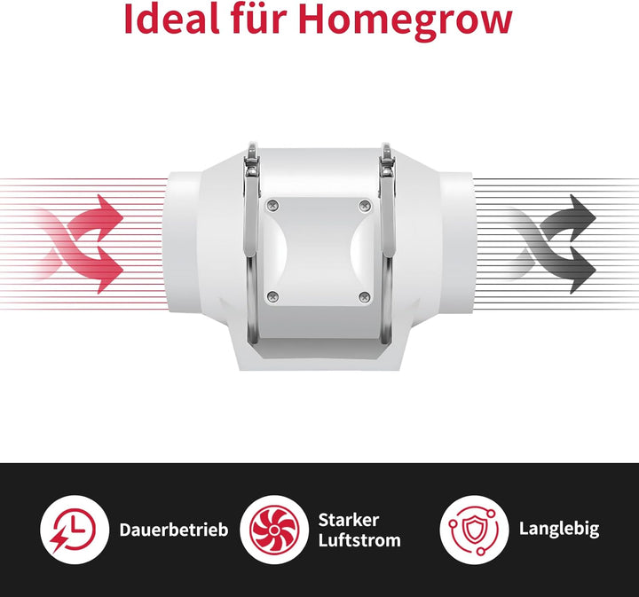 Rohrventilator 100mm, 220 m³/h, Rohrlüfter mit Stecker für Growzelt, Indoor, Gewächshaus, Hydrokultu