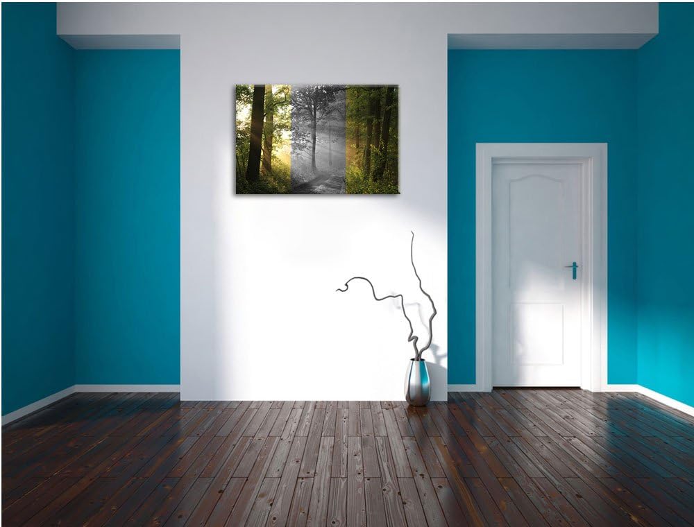 Ruhiger Waldweg im Grünen schwarz/weiss Format: 100x70 auf Leinwand, XXL riesige Bilder fertig gerah