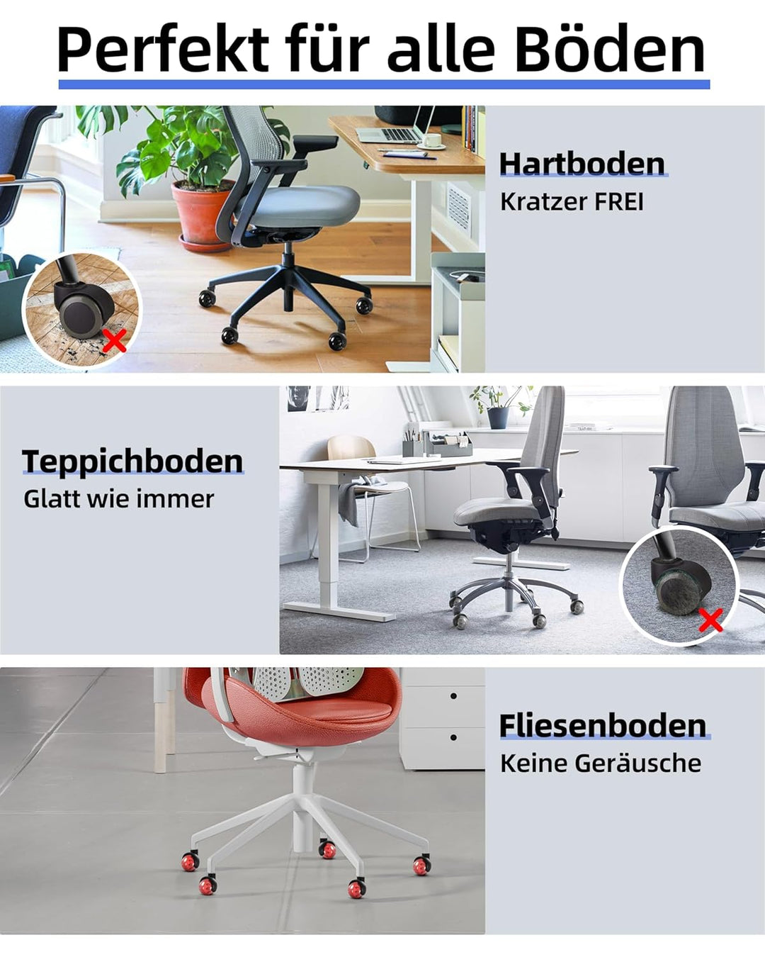 Sytopia Bürostuhl Rollen 5er Set in Grau, Rollen für Bürostühle 11 x 22 mm für Teppichböden, Hartbod