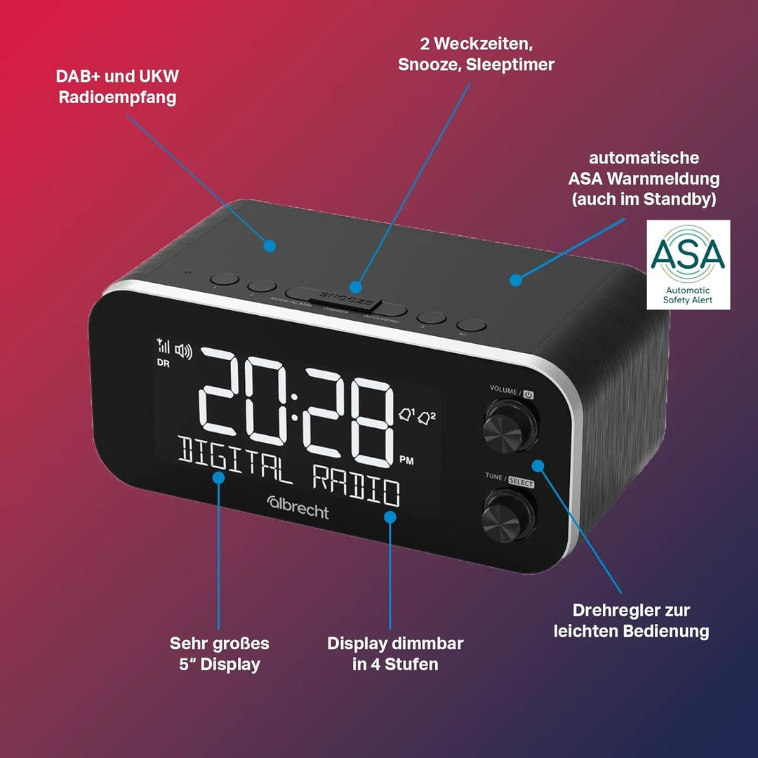 Albrecht DR 455 Radiowecker DAB+ und UKW | ASA Alarmfunktion für Sicherheitsmeldungen | 5-Zoll-Displ