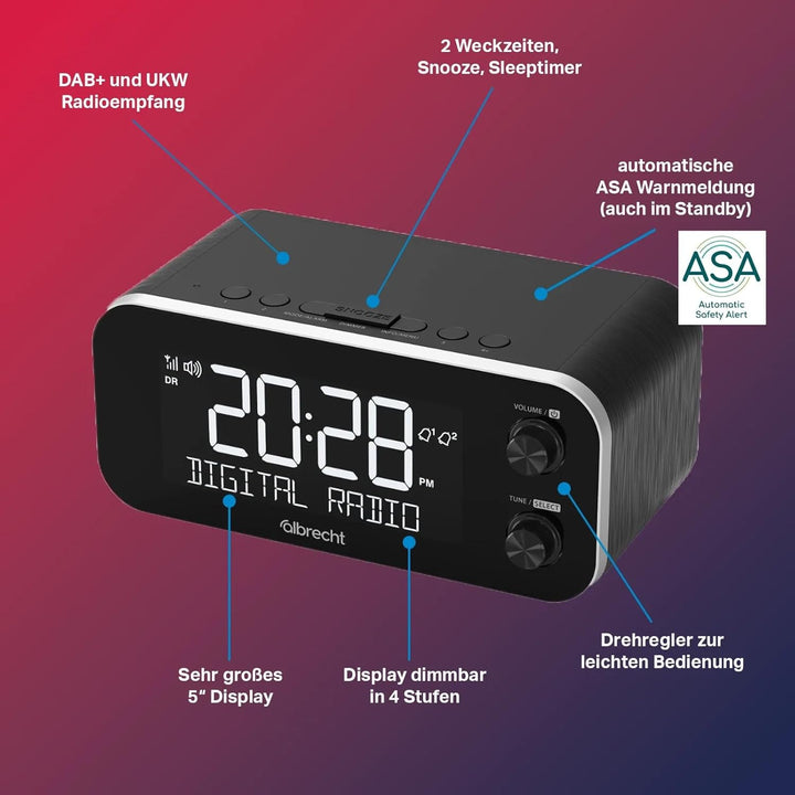 Albrecht DR 455 Radiowecker DAB+ und UKW | ASA Alarmfunktion für Sicherheitsmeldungen | 5-Zoll-Displ