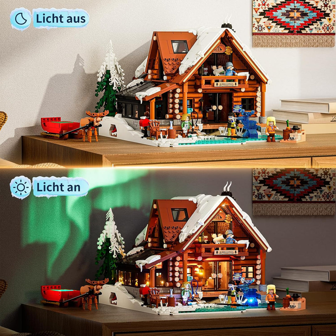 Lumibricks Aurora Cabin mit LED– 2425 Teile Holzhaus Bausatz mit Nordlicht-Projektion, Innovatives A