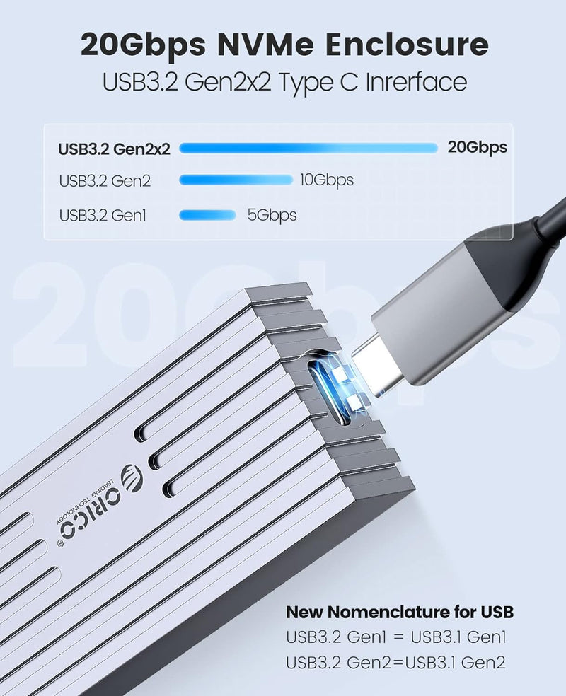 ORICO M.2 NVMe SSD Gehäuse auf 20Gbps USB3.2 Gen2x2 USB-C PCIe Adapter für NVMe M-Key/M+B Key SSD 22