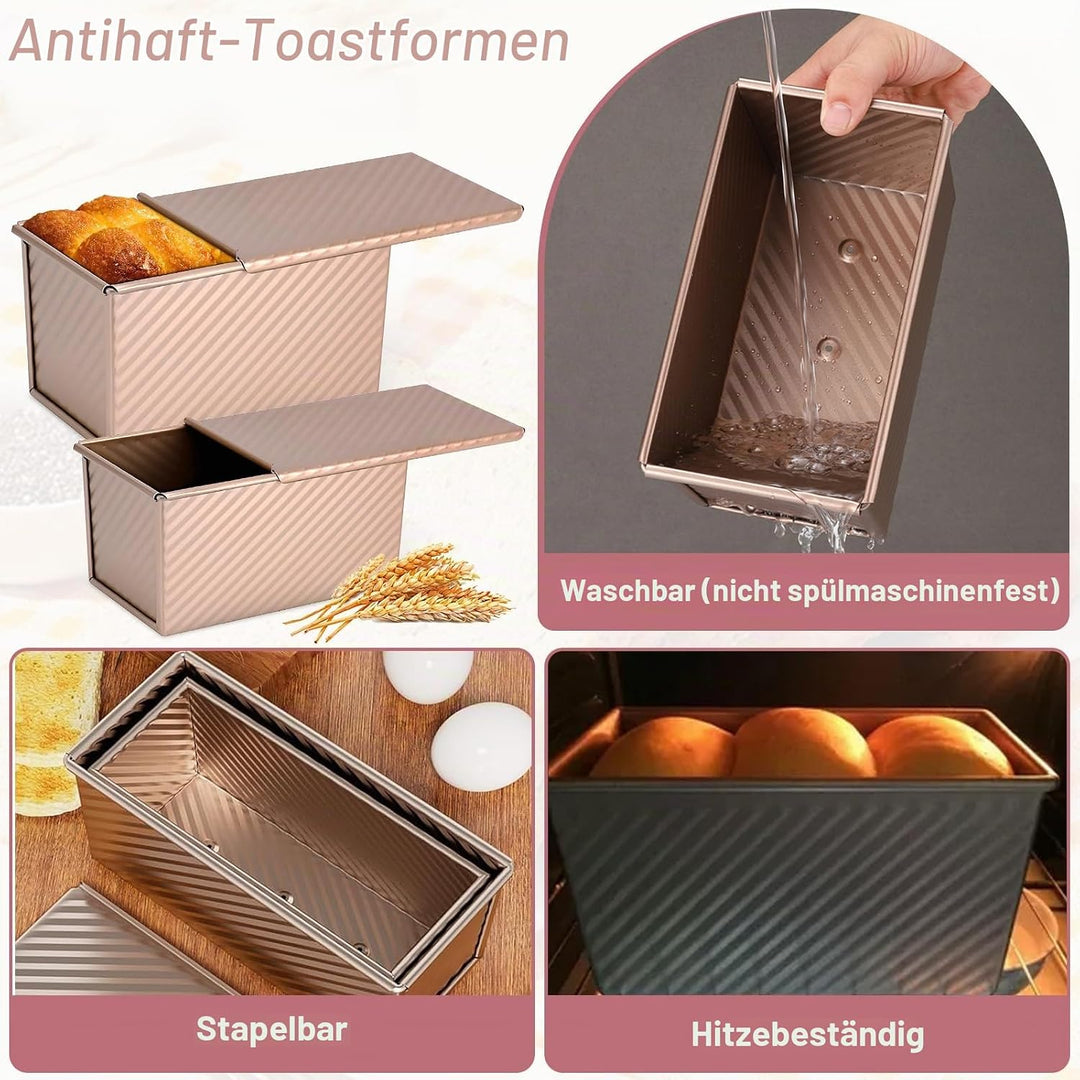2 Stück Toastbrot Backform Set mit Deckel &amp; Silikonspatel, Antihaft Brotbackformen, Rechteckige Toas