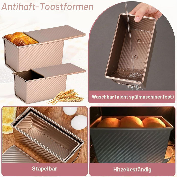 2 Stück Toastbrot Backform Set mit Deckel &amp; Silikonspatel, Antihaft Brotbackformen, Rechteckige Toas