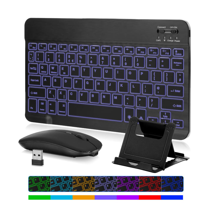 MAYPHY Kabellose Mini-Tastatur-Maus-Kombination, tragbare Tastatur mit 7-Farbiger Hintergrundbeleuch