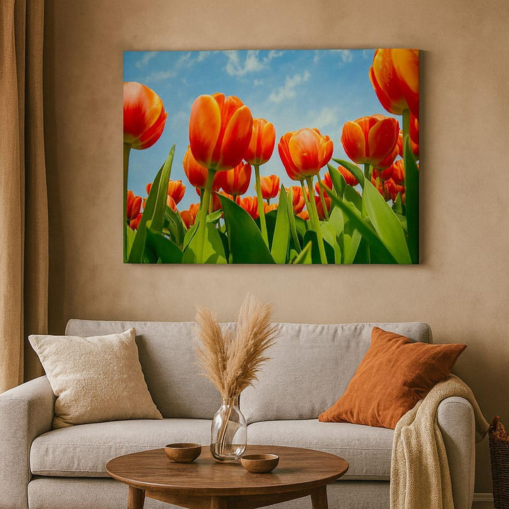 Bilder auf Leinwand 100x70cm Leinwandbild Tulpe Blume blauer Himmel Gross Wanddeko Bild Schlafzimmer