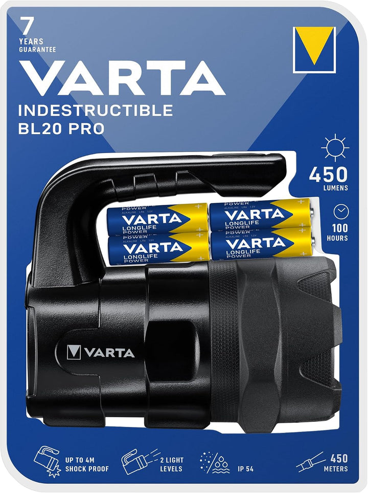 VARTA Taschenlampe LED Laterne inkl. 6x AA Batterien, Indestructible BL20 Pro Arbeitsleuchte, zwei L