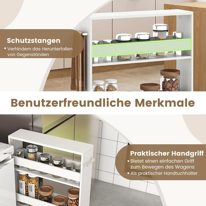 COSTWAY Nischenwagen 13cm breit, 4 Etagen Küchenwagen schmal, Nischenregal auf Rollen, Servierwagen