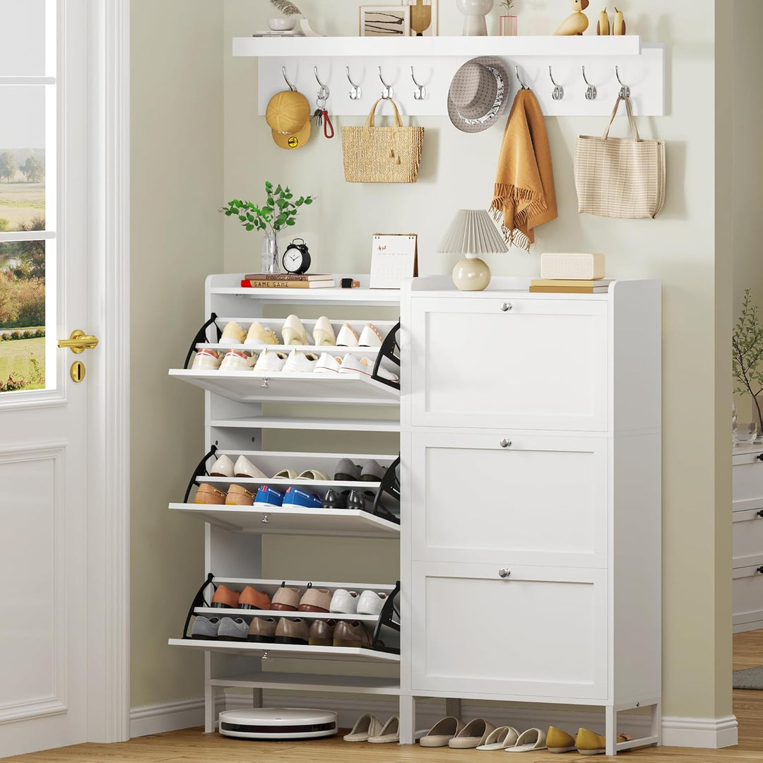 YITAHOME Schuhkipper Schmal Weiss mit Garderobe 5 Haken und 3 Klapptüren, Verstellbares Regal Schuhs