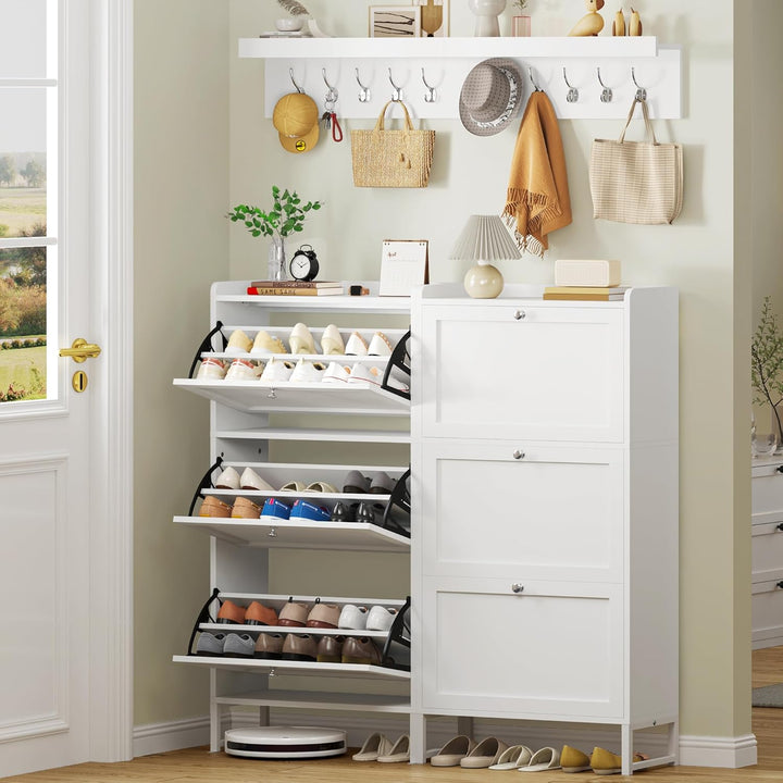 YITAHOME Schuhkipper Schmal Weiss mit Garderobe 5 Haken und 3 Klapptüren, Verstellbares Regal Schuhs