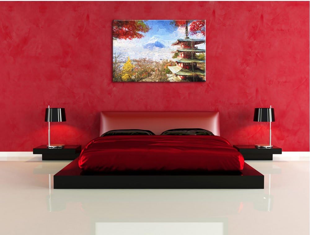Pixxprint Japanischer Tempel im Herbst Pinsel Effekt, Format: 100x70 auf Leinwand, 100x70