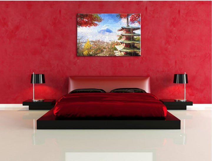 Pixxprint Japanischer Tempel im Herbst Pinsel Effekt, Format: 100x70 auf Leinwand, 100x70