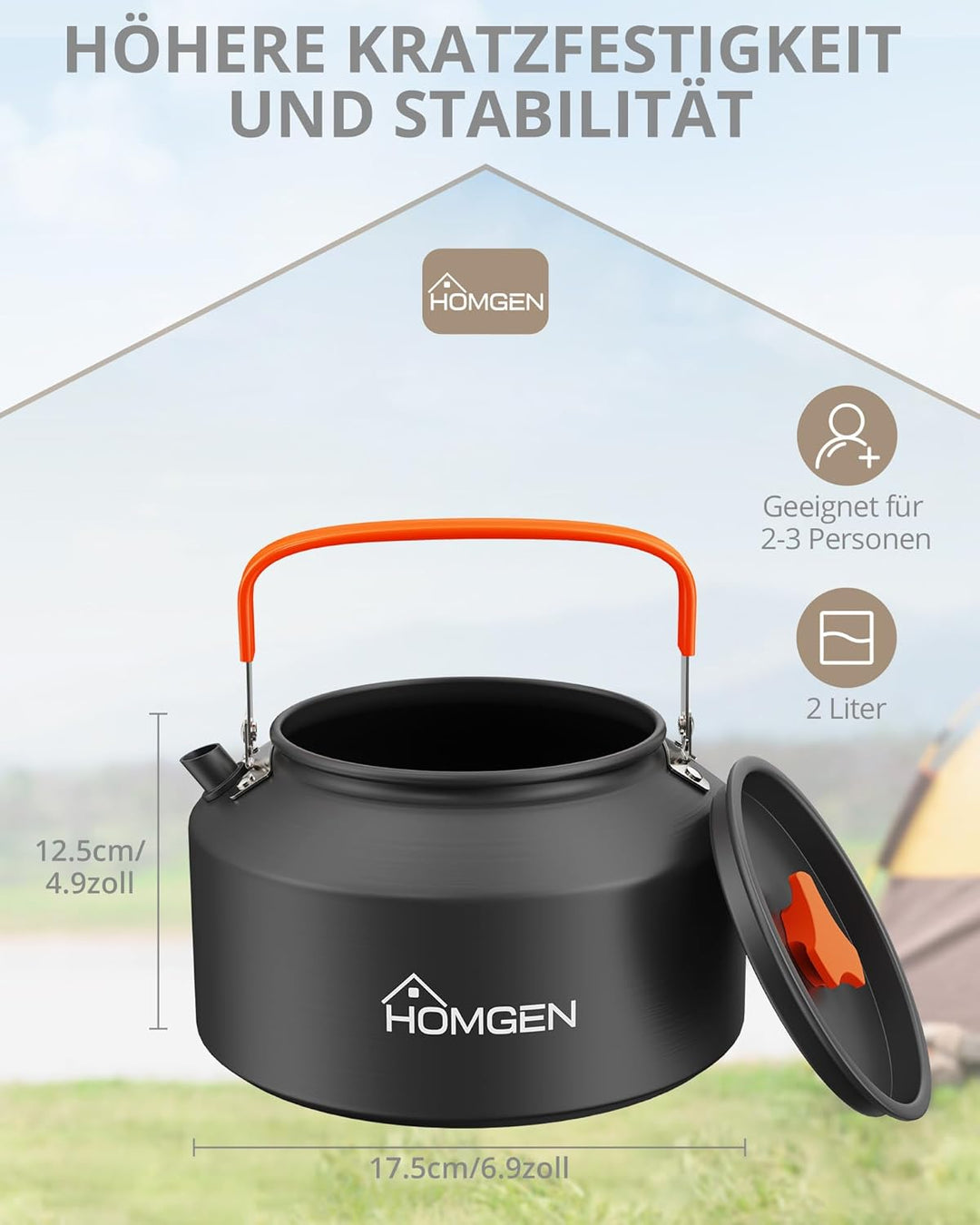 HOMGEN Camping-kessel 2 L tragbarer Campingkocher Aluminiumoxid-Wasserkocher Kochgeschirr mit Traget
