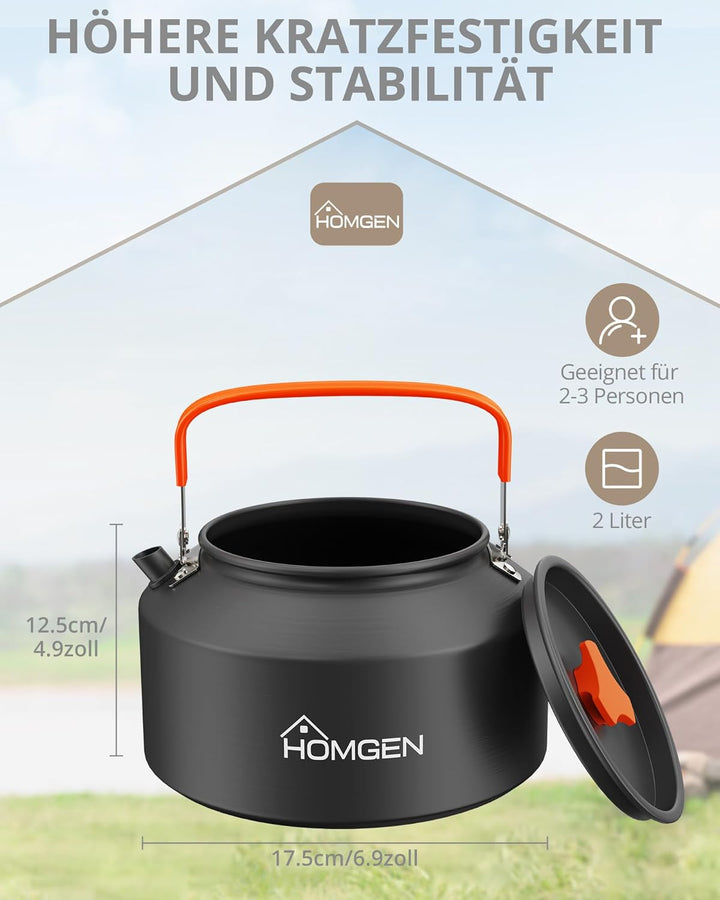 HOMGEN Camping-kessel 2 L tragbarer Campingkocher Aluminiumoxid-Wasserkocher Kochgeschirr mit Traget