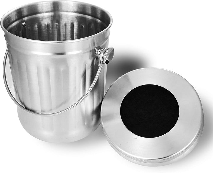 NewlineNY Edelstahl-Komposteimer für Küchen-Arbeitsplatte, 3,5 Liter Recycling-Eimer mit 2 Kohlefilt