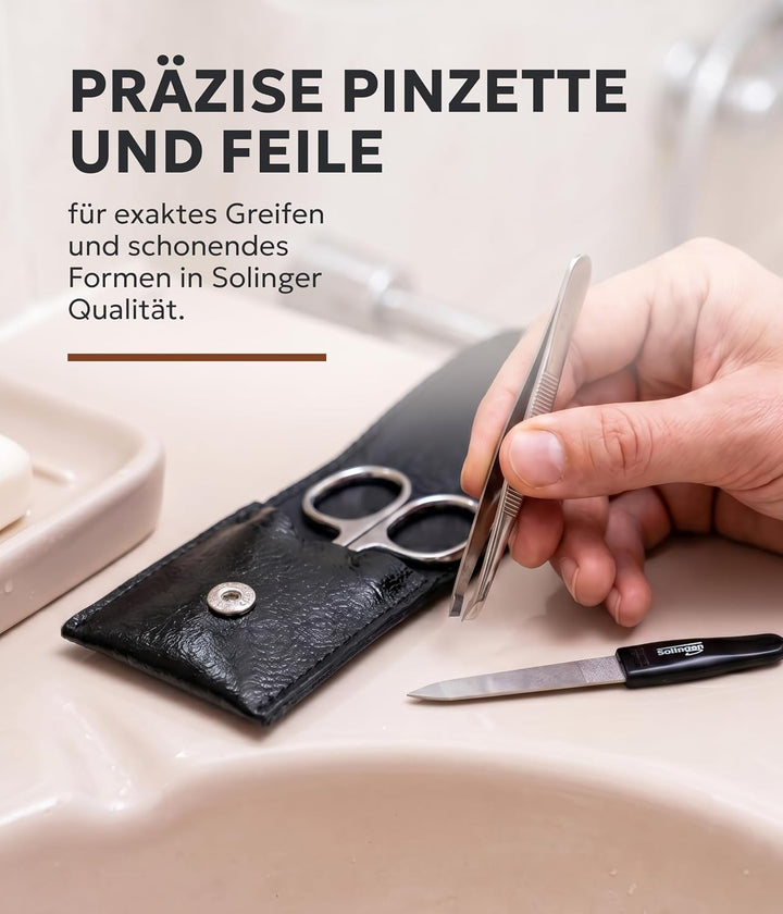 Solingen Echt Leder Maniküre Set 3 teilig - Schwarz - Maniküre Set Damen &amp; Herren, Leder LWG zertifi