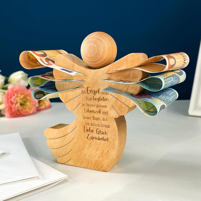Engel Figur aus Holz, Schutzengel mit Gravur, Holzengel Dekofigur, Geldgeschenk für Mädchen und Jung