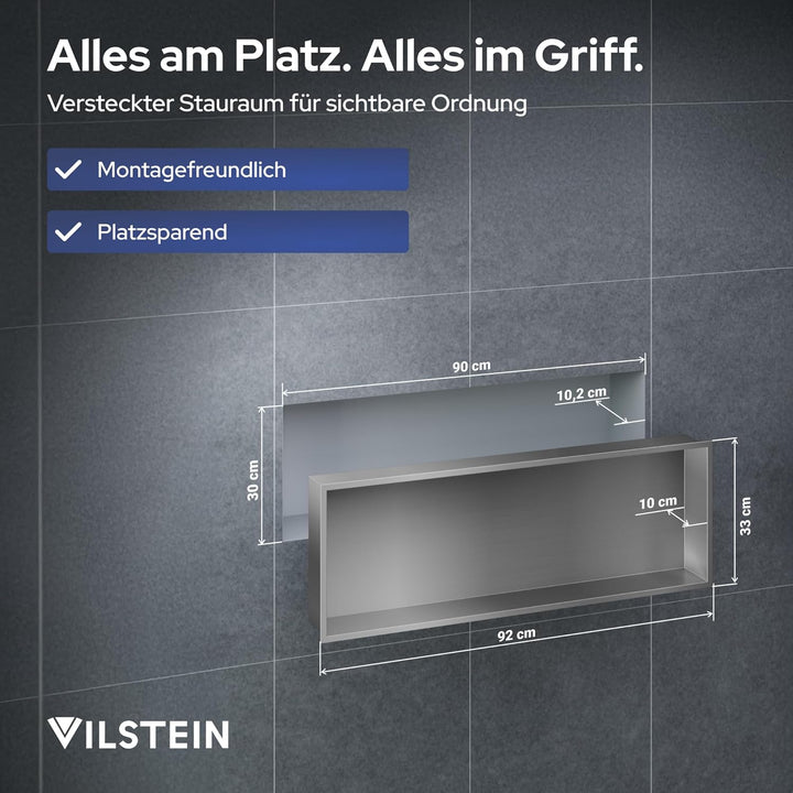 VILSTEIN Wandnische Dusche 30x90 cm [ROSTFREI] - Randlose Duschnische - Wandnische Silber - Einbaure